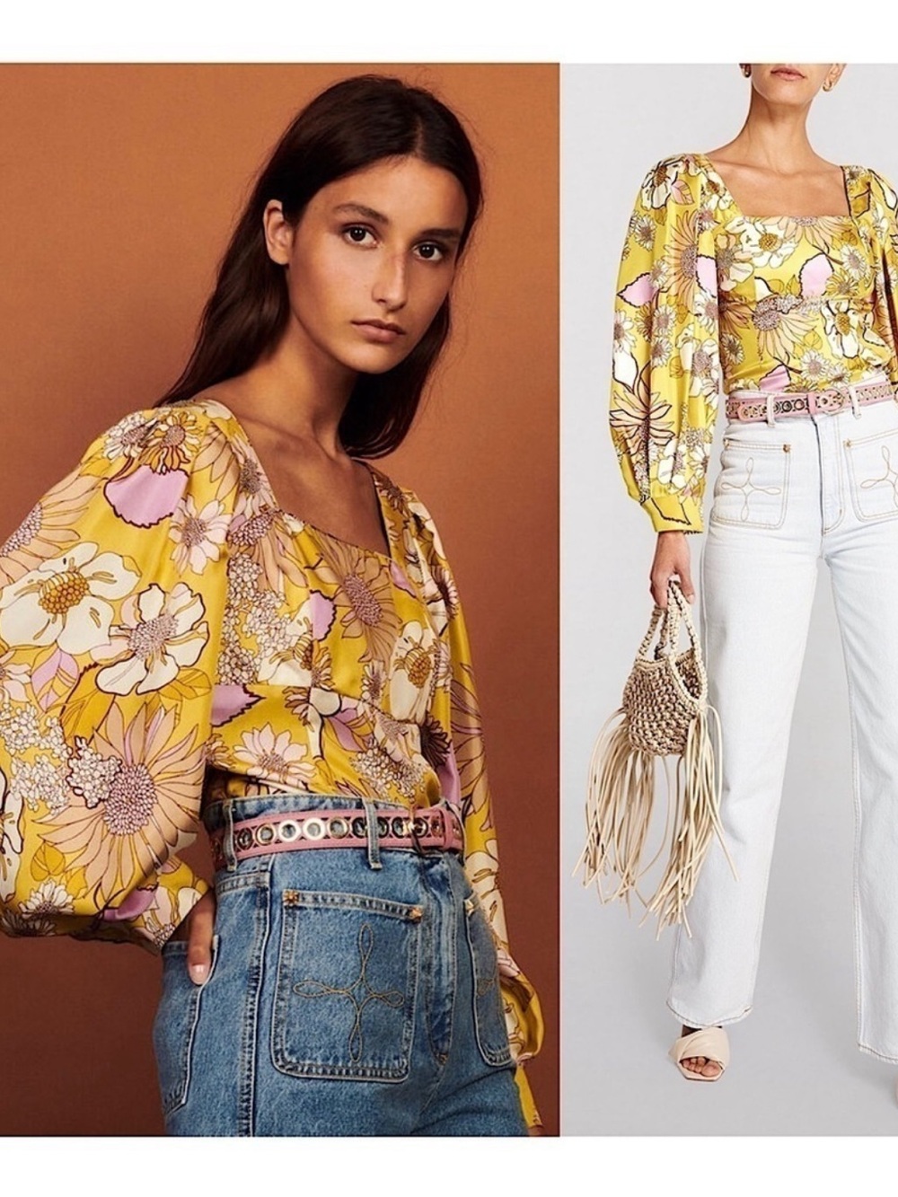 Sandro Yellow and Pink Floral Puff-Sleeve Silk Blouse